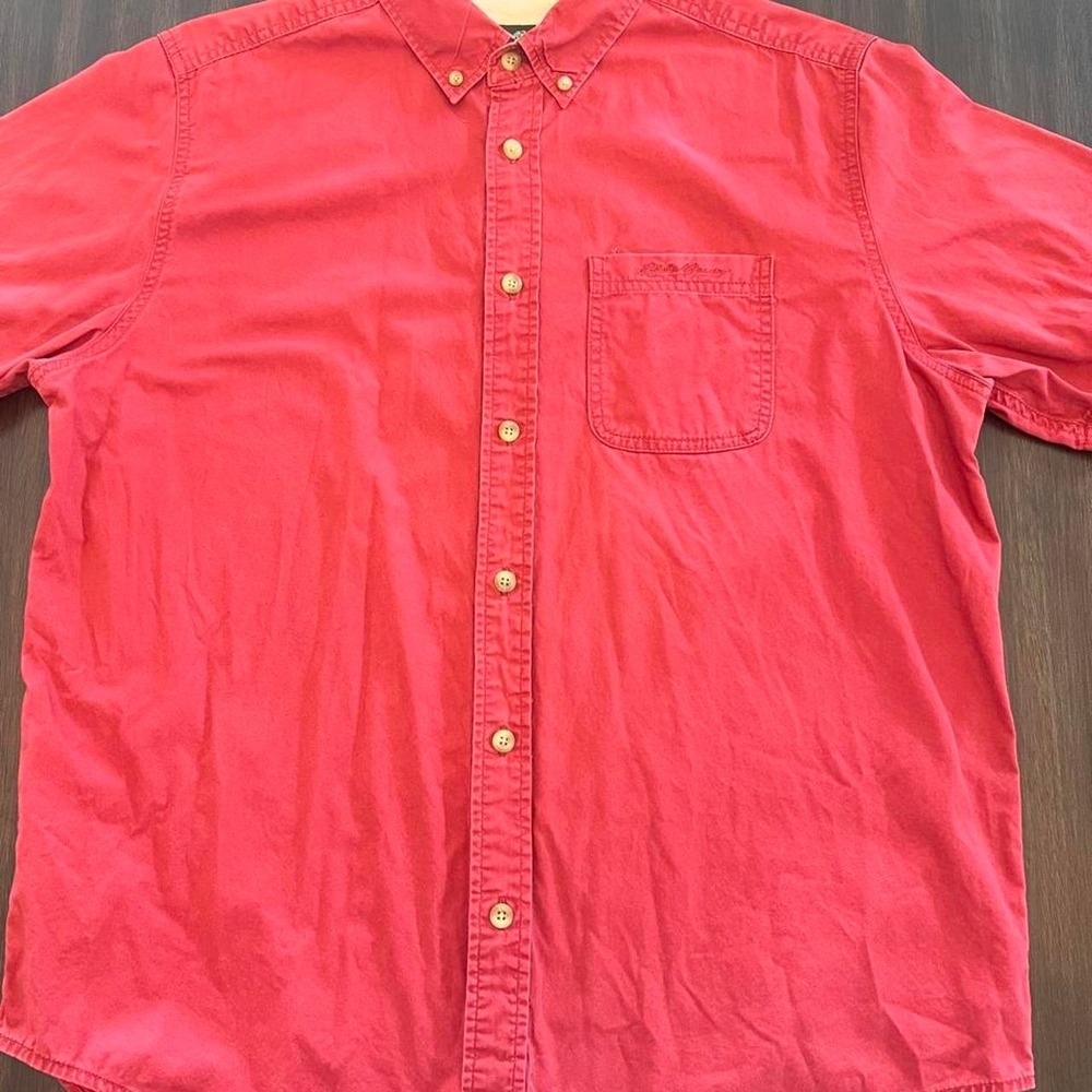 Eddie Bauer Vintage Mens Red Short Sleeve Button Up Shirt Hiking Large
